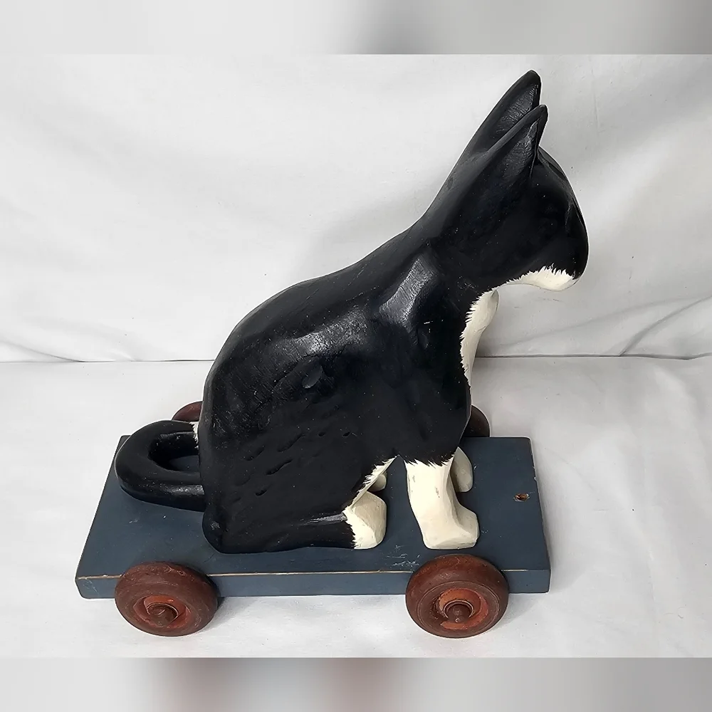Vintage Hand Painted Wooden Tuxedo Cat Pull Toy Figurine on Wheels
